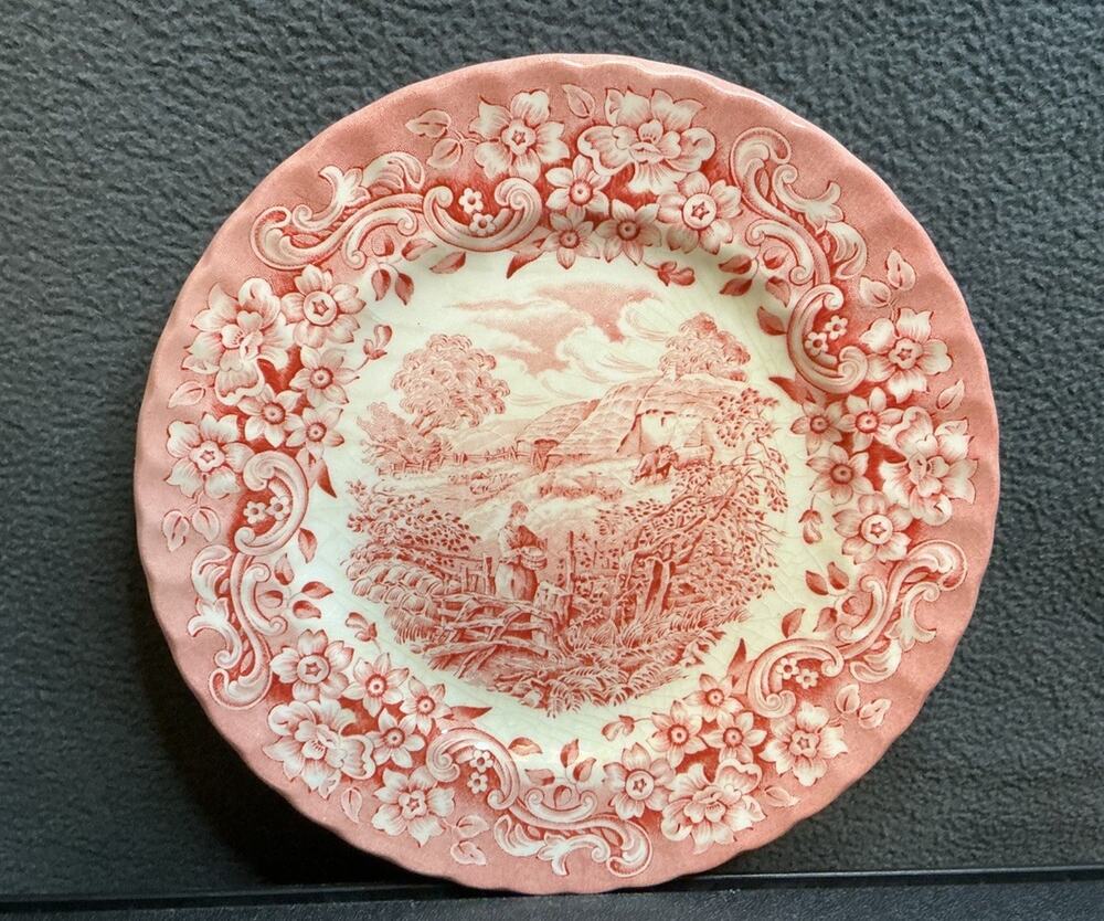 Vintage Royal Tudor Ware Red River Red/Pink Transferware Version Plate 1970s/80s
